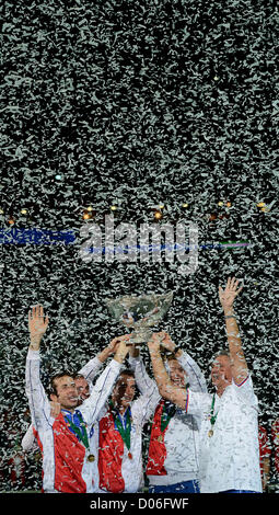 Czech Republic's Davis Cup team members hold the Davis Cup trophy in Prague, Czech Republic, Sunday, November 18, 2012. The Czech Republic won the 2012 Davis Cup trophy by beating Spain 3-2. (CTK Photo/Katerina Sulova) Stock Photo