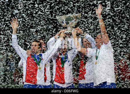 Czech Republic's Davis Cup team members hold the Davis Cup trophy in Prague, Czech Republic, Sunday, November 18, 2012. The Czech Republic won the 2012 Davis Cup trophy by beating Spain 3-2. (CTK Photo/Katerina Sulova) Stock Photo