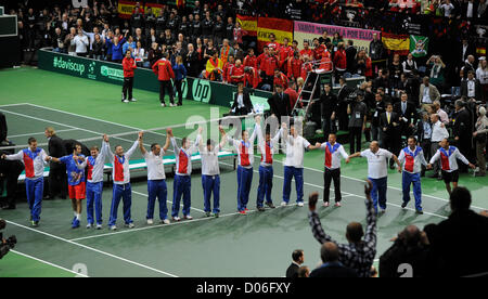 Czech Republic's Davis Cup team members celebrate after they have won the Davis Cup finals in Prague, Czech Republic, Sunday, November 18, 2012. The Czech Republic won the 2012 Davis Cup trophy by beating Spain 3-2. (CTK Photo/Michal Kamaryt) Stock Photo