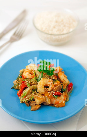 Chinese cabbage with prawns made with wok. Recipe available. Stock Photo