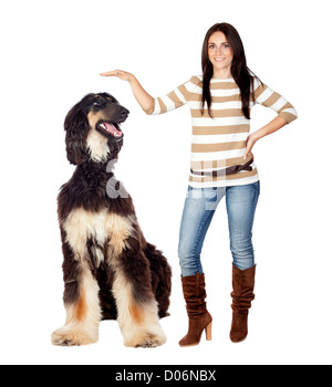 Beautiful brunette girl with a big dog isolated on a over white background Stock Photo