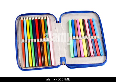 pencil case full of felt-tip pens and crayons Stock Photo