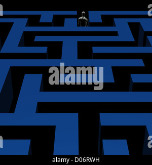 Man exiting complex maze labyrinth. 3d illustration. Stock Photo