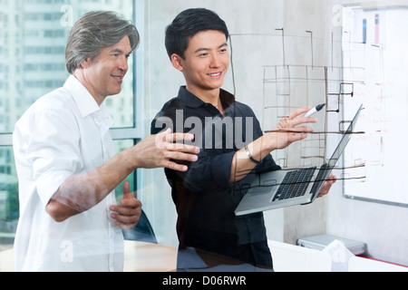 Designers drawing sketch on glass wall Stock Photo