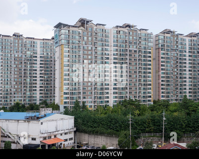 Large modern blocks of residential flats (apartments) in the suburbs of Seoul, South Korea. Stock Photo