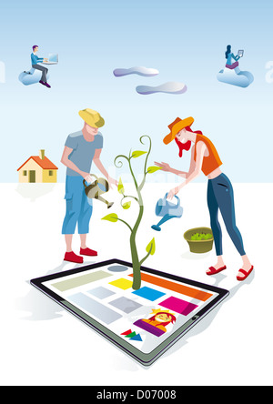 A man and a woman dressed as gardeners work creatively. They care and bring life a digital tablets. Other people download this c Stock Photo