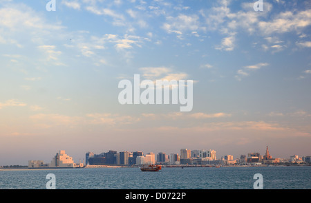 A view across Doha Bay, Qatar, in autumn with clouds capturing the setting sun.