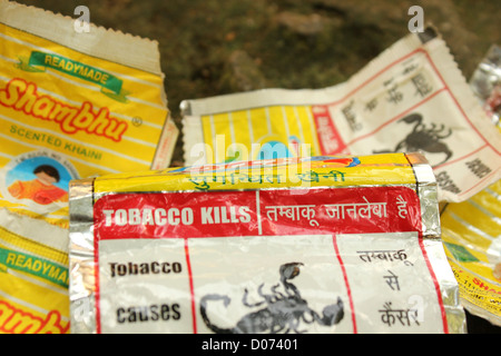 Chew tobacco cover warning shambu khaini Stock Photo