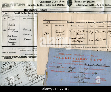 Birth, marriage and death certificates, all regarding Frederick Charles Davies Stock Photo