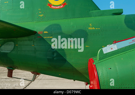 Camouflage and stencils on the right tail area of  combat plane Su-25. Stock Photo