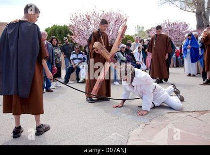 USA, New Mexico, Re-enactment of the Passion of the Christ during Easter celebrations at the Chimayo Sanctuary, New Mexico. Stock Photo