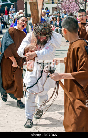 USA, New Mexico, Re-enactment of the Passion of the Christ during Easter celebrations at the Chimayo Sanctuary, New Mexico. Stock Photo