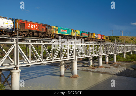 Freight train on historic double decker road-rail bridge (now rail only), Seddon, Marlborough, South Island, New Zealand Stock Photo