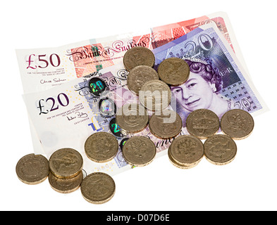 British sterling money with £50 and £20 banknotes and pound coins UK Stock Photo