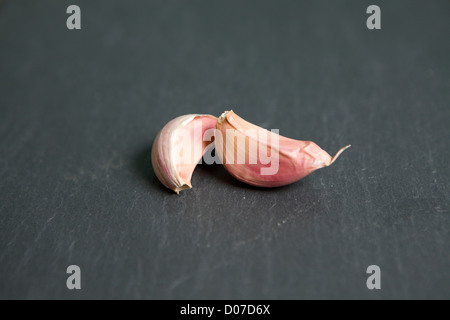 Two cloves of garlic on a dark grey slate. Stock Photo