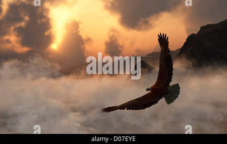 Bald eagle soars nearby, above clouds and mist with dramatic mountains and a golden sunset in the distance. Stock Photo