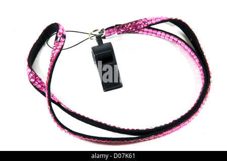 Black Whistle have pink neck strap on white background. Stock Photo