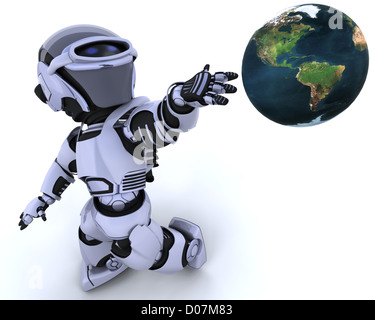 3D render of a robot introducing or presenting a globe Stock Photo