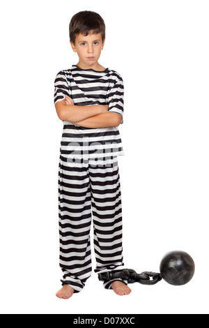 Sad child with prisoner ball isolated on white background Stock Photo