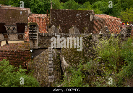 The ancient town of Rocamadour, looking down on rooves in the main street. Dordogne, France. Stock Photo