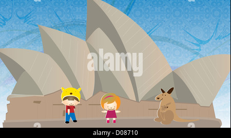 Boy and a girl standing in front of an opera house, Sydney Opera House, Sydney Harbor, Sydney, New South Wales, Australia Stock Photo
