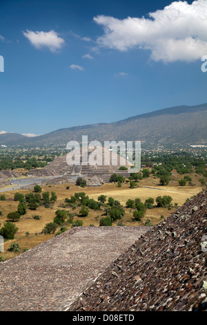 Looking down from Pyramid of the Sun - View of Pyramid of the Moon at Teotihuacan in Mexico