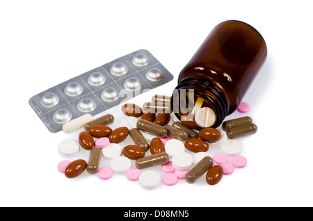 Different pills and tablet on white background Stock Photo