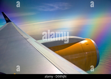 View from Icelandair passenger jet aircraft window over North Atlantic Stock Photo
