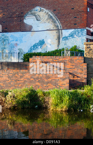 Picture of a fish painted on the side of a house wall along side the Nottingham canal, Nottingham, England, UK, Stock Photo