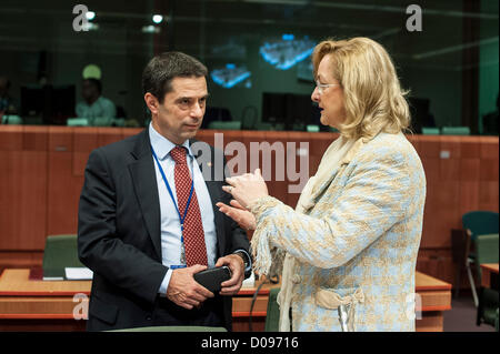 Nov. 20, 2012 - Brussels, Bxl, Belgium - Portuguese Finance Minister, Vitor Gaspar (L) and  Austrian finance minister Maria Fekter  at the Euro Group finance ministers council at the EU headquarters  in Brussels, Belgium on 20.11.2012 Eurozone finance ministers late Tuesday downplayed expectations that they would be able to strike a definite deal on Greece's bailout, as they gathered in Brussels for a meeting expected to release a new aid tranche. A major issue to be settled is how to bridge a 32.6-billion-euro (41.7-billion-dollar) gap in Greece's bailout. Stock Photo