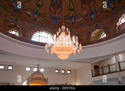 Ornate Decorative Crystal Chandelier Inside The Darbar Sahib of the Sri Guru Nanak Darbar Gurdwara Sikh Temple In Gravesend Kent Stock Photo