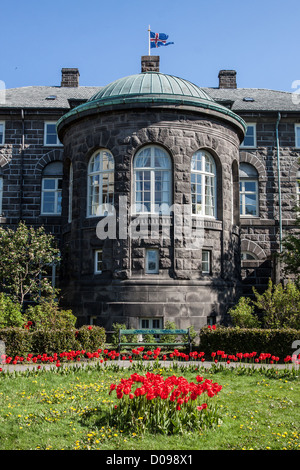 EXTERIOR VIEW OF THE ICELANDIC PARLIAMENT AND ITS GARDEN ALTHINGI BASALT EDIFICE BUILT IN 1881 REYKJAVIK ICELAND Stock Photo