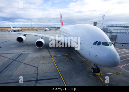 A plain Airbus A380 sits at Melbourne's Tullamarine International Airport Stock Photo