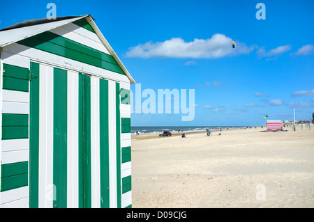 Beach huts, La Panne Beach, West Flanders, Belgium Stock Photo
