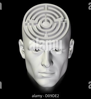 Man in a complex maze of deep thought. 3d conceptual illustration. Stock Photo