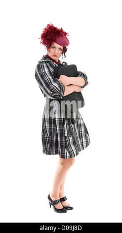 The woman with a bag in a ladies' hat isolated on white background Stock Photo