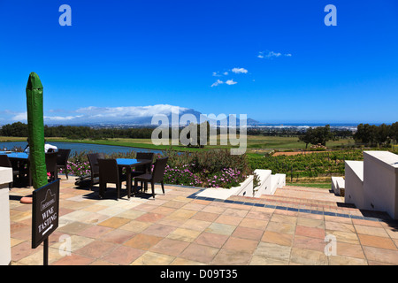 Cape Town, South Africa. The view from the outdoor wine tasting deck over the vineyards towards Table Mountain. Stock Photo
