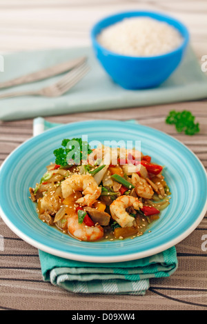 Chinese cabbage with prawns made with wok. Recipe available. Stock Photo