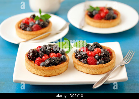 Wild berries tartlets. Recipe available. Stock Photo