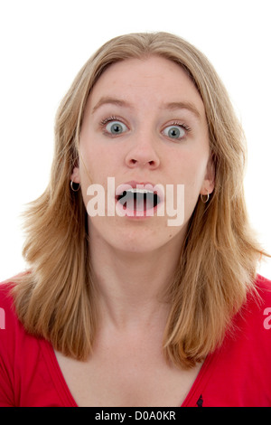 Young woman is looking surprised isolated on white background Stock Photo