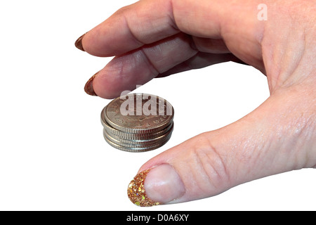 Hand going to pick up money isolated on white background Stock Photo