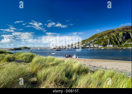 View over beachgrass towards a group of tourists waiting on the beach for a ferry boat across the mawddach estuary to Barmouth Stock Photo