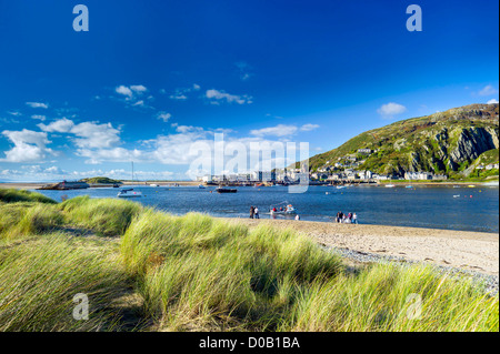 View over beachgrass towards a group of tourists waiting on the beach for a ferry boat across the mawddach estuary to Barmouth Stock Photo