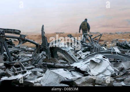 Crash site of a World War two Wellington Bomber which crashed into Carreg Coch in the Brecon Beacons Mountains in 1944. Stock Photo