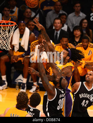 Nov. 21, 2012 - Los Angeles, California, USA - Los Angeles Lakers Jordan Hill shoots the ball during first  quarter of game against the Brooklyn Nets Tuesday, 20 November  2012 at Staples Center in Los  Angeles, California. (Credit Image: © Jon Soohoo/Prensa Internacional/ZUMAPRESS.com) Stock Photo