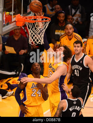 Nov. 21, 2012 - Los Angeles, California, USA - Los Angeles Lakers Pau Gasol scores during first quarter  of game against the Brooklyn Nets Tuesday, 20 November 2012 at Staples Center in Los Angeles, California. (Credit Image: © Jon Soohoo/Prensa Internacional/ZUMAPRESS.com) Stock Photo