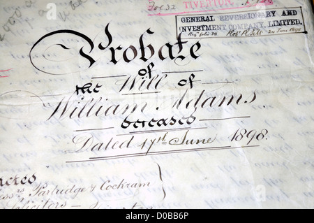 Handwritten Probate of the Will of William Adams from 1898, written on vellum Stock Photo