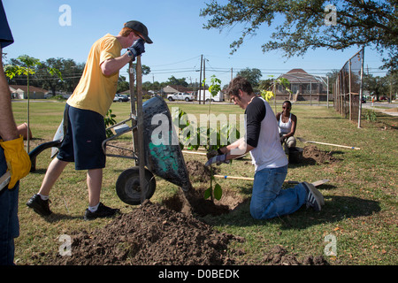 Volunteers work on landscaping and build an 'edible schoolyard' at Arthur Ashe Charter School in New Orleans. Stock Photo