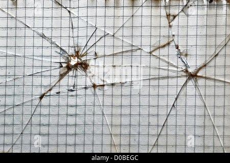 Smashed glass reinforced with wire squares background texture. Stock Photo