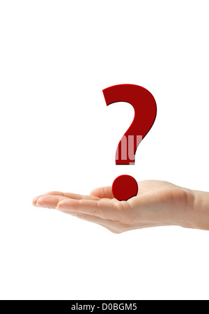 Hand with red question sign, isolated on white background Stock Photo